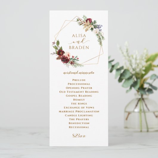 Winter Kerstbruiloft Bourgondische Waterverf Boho Programmakaart (Staand voorkant)