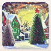 Winter Kerstdorp Scene Kartonnen Onderzetters (Voorkant)