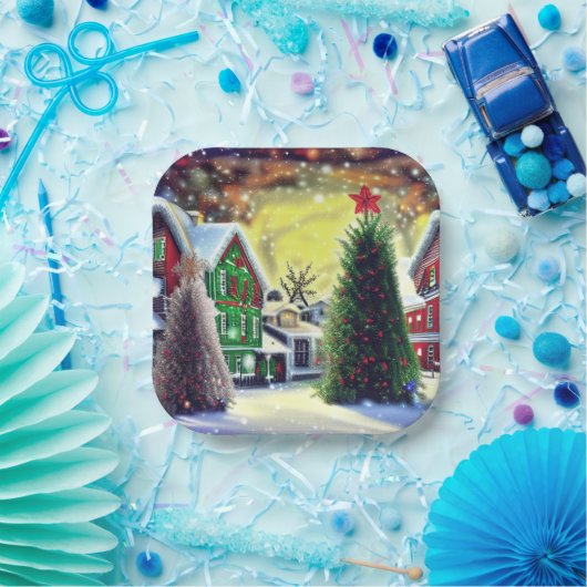 Winter Kerstdorp Scene Papieren Bordje (Feest)