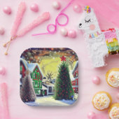 Winter Kerstdorp Scene Papieren Bordje (Feest)