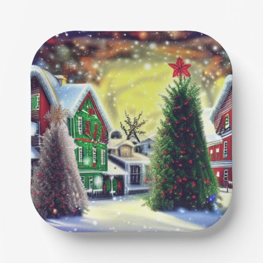 Winter Kerstdorp Scene Papieren Bordje (Voorkant)