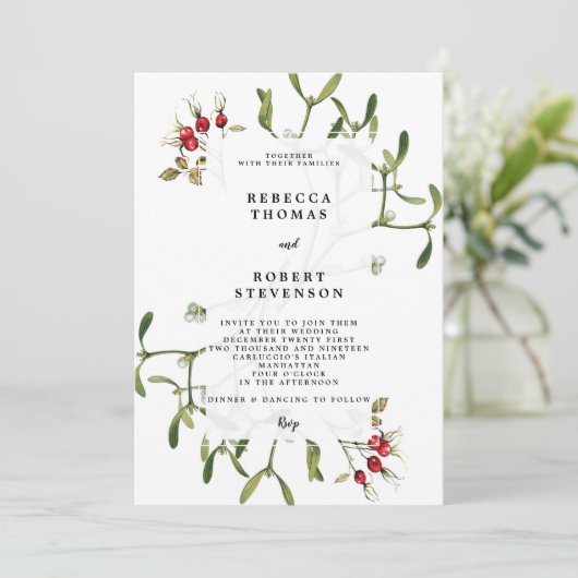 winter kerstfeest huwelijksuitnodiging mistletoe kaart (Staand voorkant)