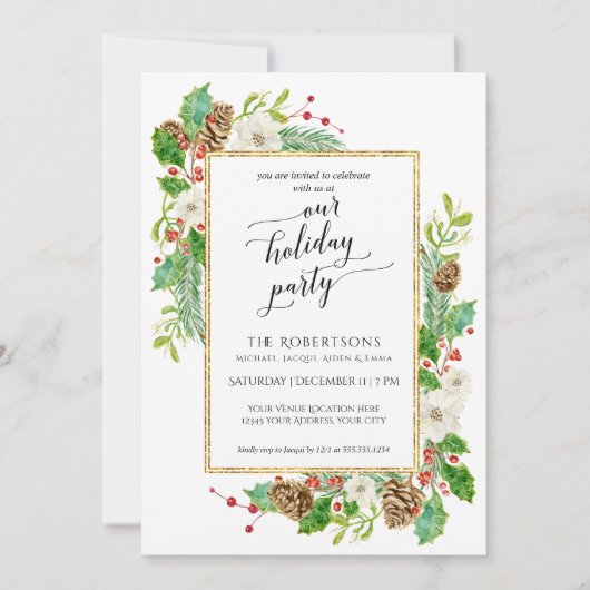 Winter Kerstfeest Waterverf Roos Pijnboomkegel Kaart (Voorkant)