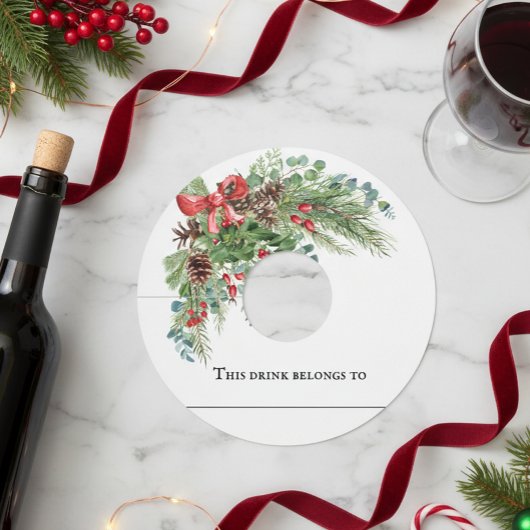 Winter Kerstfeest Weddenschap Pine Bouquet Wijnglaslabel