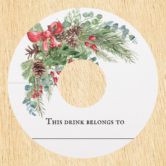 Winter Kerstfeest Weddenschap Pine Bouquet Wijnglaslabel