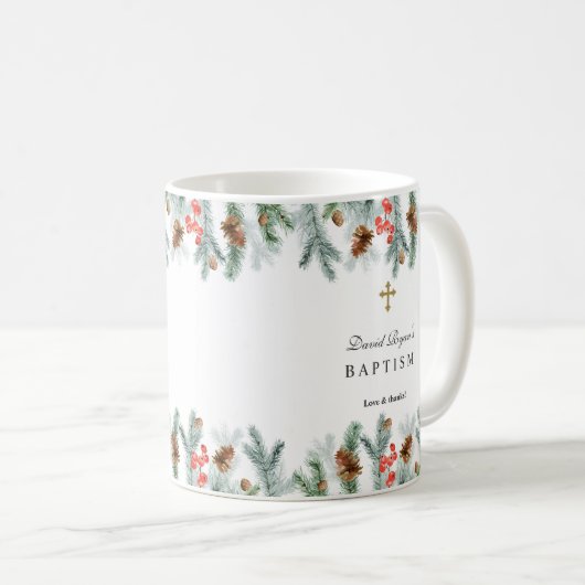 Winter Kerstgroen Gouden Kruis Jongens Doop Koffiemok (Voorkant rechts)