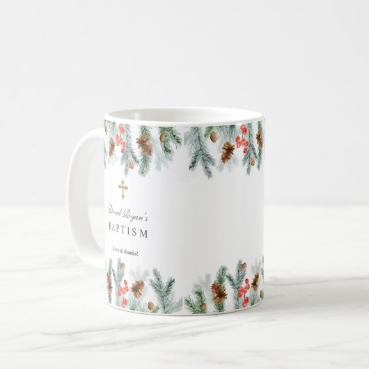 Winter Kerstgroen Gouden Kruis Jongens Doop Koffiemok (Voorkant links)