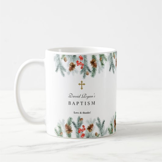 Winter Kerstgroen Gouden Kruis Jongens Doop Koffiemok (Links)