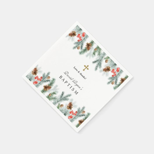 Winter Kerstgroen Gouden Kruis Jongens Doop Servet (Hoek)