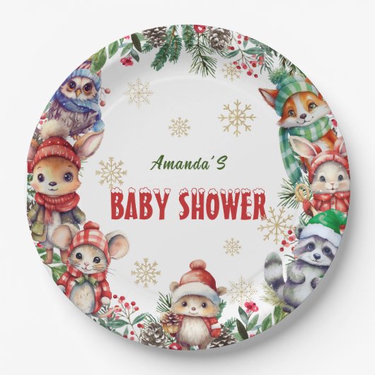 Winter Kerstmis Bos Dieren Baby shower Papieren Bordje (Voorkant)