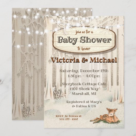 Winter Kerstmis Bosland Herten Baby Shower Kaart (Voorkant / Achterkant)