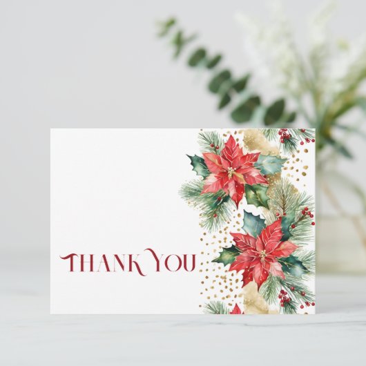 Winter Kerstmis bruiloft poinsettia goud dank u Bedankkaart (Staand voorkant)