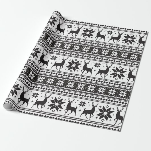 Winter Kerstmis Deer Black Snowflake Patroon Cadeaupapier (Uitgerold)
