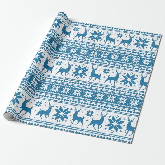 Winter Kerstmis Deer Blue Snowflake Patroon Cadeaupapier (Uitgerold)