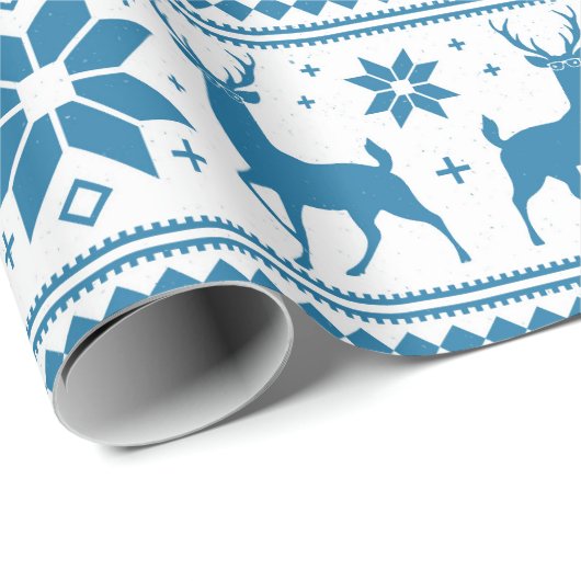 Winter Kerstmis Deer Blue Snowflake Patroon Cadeaupapier (Rol Hoek)