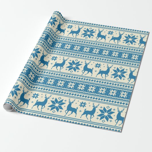 Winter Kerstmis Deer Blue Snowflake Patroon Cadeaupapier (Uitgerold)