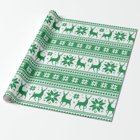Winter Kerstmis Deer Green Snowflake Patroon Cadeaupapier (Uitgerold)