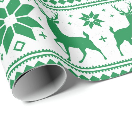 Winter Kerstmis Deer Green Snowflake Patroon Cadeaupapier (Rol Hoek)