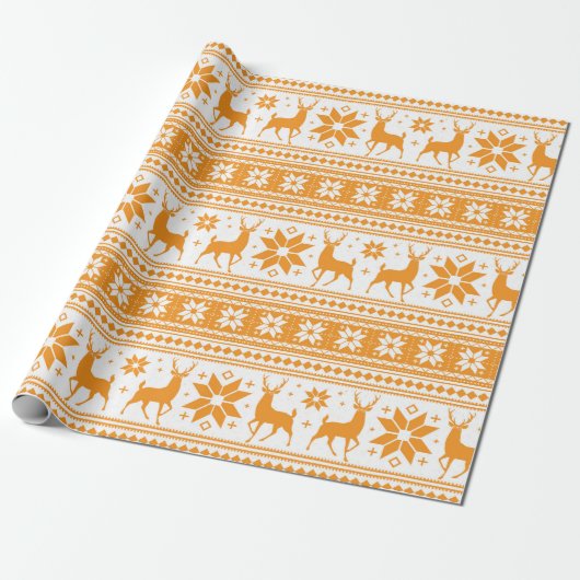 Winter Kerstmis Deer Oranje Snowflake Pattern Cadeaupapier (Uitgerold)