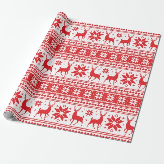 Winter Kerstmis Deer Red Snowflake Patroon Cadeaupapier (Uitgerold)