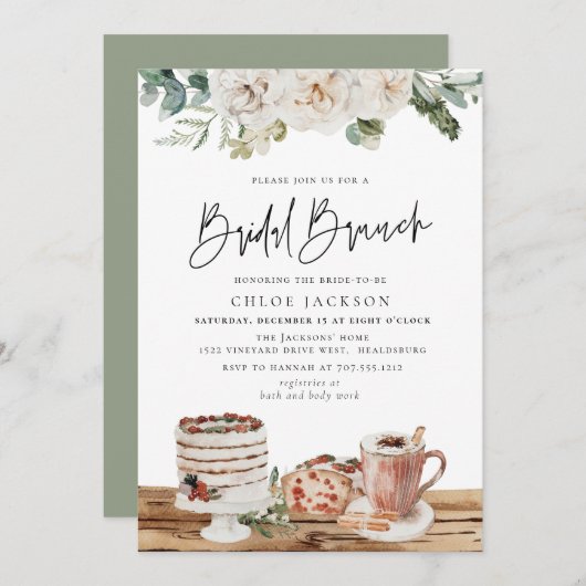Winter Kerstmis Floral Greenery Bridal Brunch Kaart (Voorkant / Achterkant)
