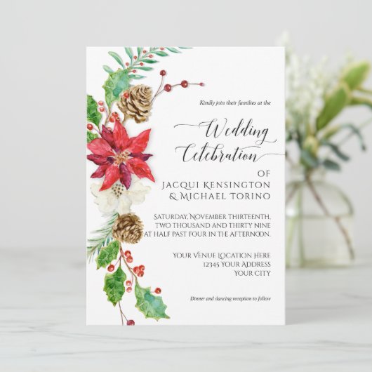 Winter Kerstmis Floral Red Gold Poinsettia Holly Kaart (Staand voorkant)