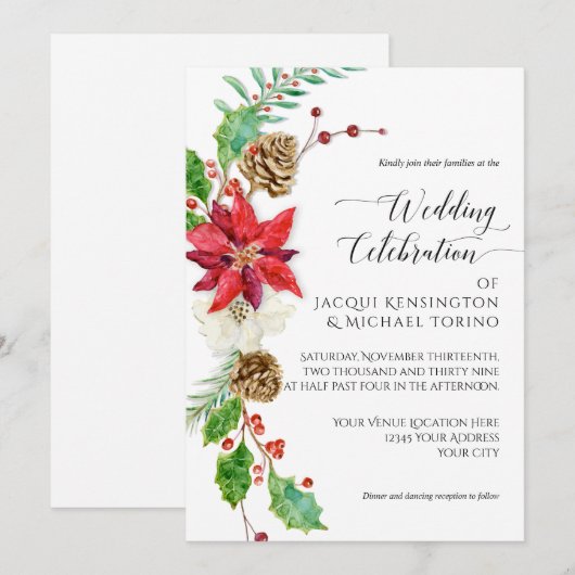 Winter Kerstmis Floral Red Gold Poinsettia Holly Kaart (Voorkant / Achterkant)