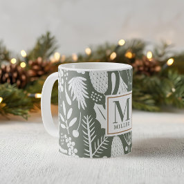 Winter Kerstmis gebladerte familie monogram groen Koffiemok