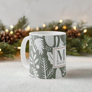 Winter Kerstmis gebladerte familie monogram groen Koffiemok