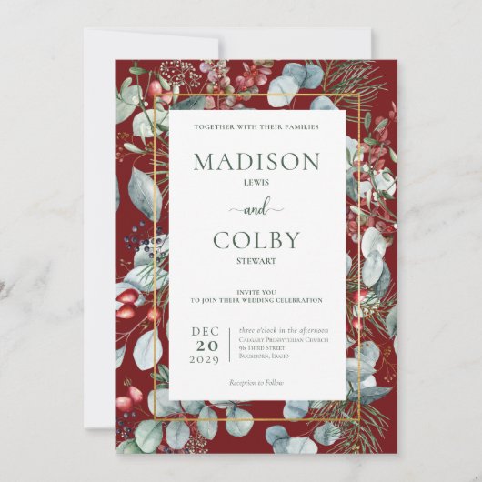 Winter Kerstmis Greenery Red Wedding Invitation Kaart (Voorkant)