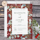 Winter Kerstmis Greenery Red Wedding Invitation Kaart<br><div class="desc">Dit ontwerp is voorzien van pijnbomen,  eucalyptus,  rode en blauwe bessen en andere groene bladeren,  met daarin een dunne kunstappelbruine lijst en een wit tekstvak. Het maakt deel uit van de Winterkerstfeestjes van Greenery Wedding Suite van kaarten gemaakt door gewoon Farmhouse Press.</div>
