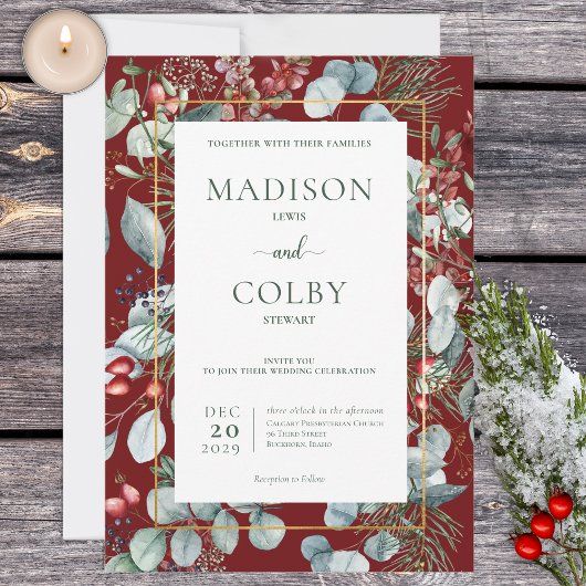 Winter Kerstmis Greenery Red Wedding Invitation Kaart