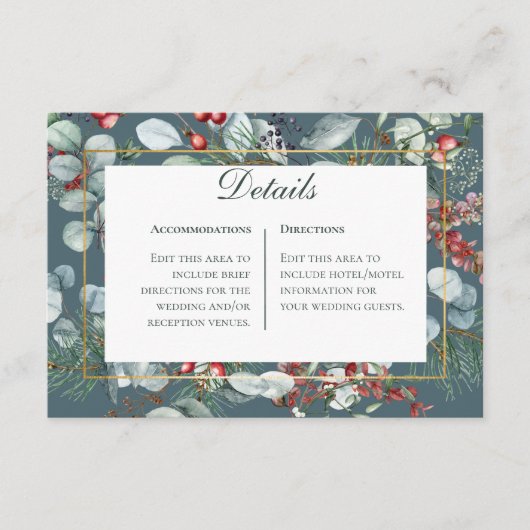 Winter Kerstmis groen Blauwgroen Details Bruiloft Informatiekaartje (Voorkant)