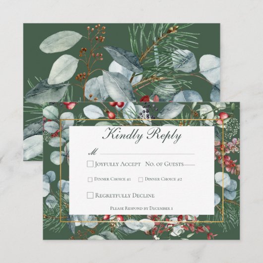 Winter Kerstmis groen bruiloft RSVP Kaartje (Voorkant / Achterkant)