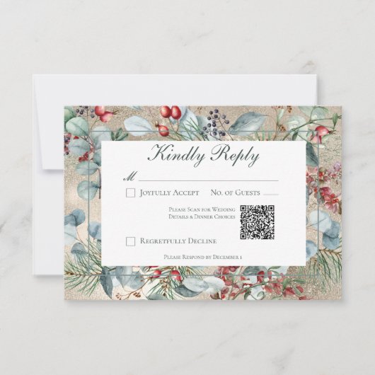 Winter Kerstmis Groen Goud Bruiloft QR Code RSVP Kaartje (Voorkant)