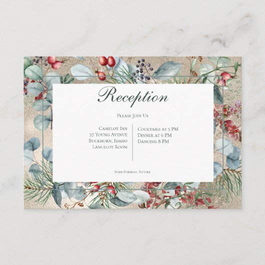 Winter Kerstmis Groen Goud Receptie Bruiloft Informatiekaartje (Voorkant)