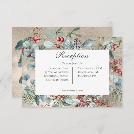 Winter Kerstmis Groen Goud Receptie Bruiloft Informatiekaartje (Voorkant / Achterkant)