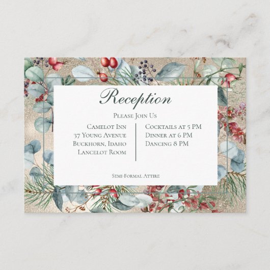 Winter Kerstmis Groen Goud Receptie Bruiloft Informatiekaartje (Voorkant)