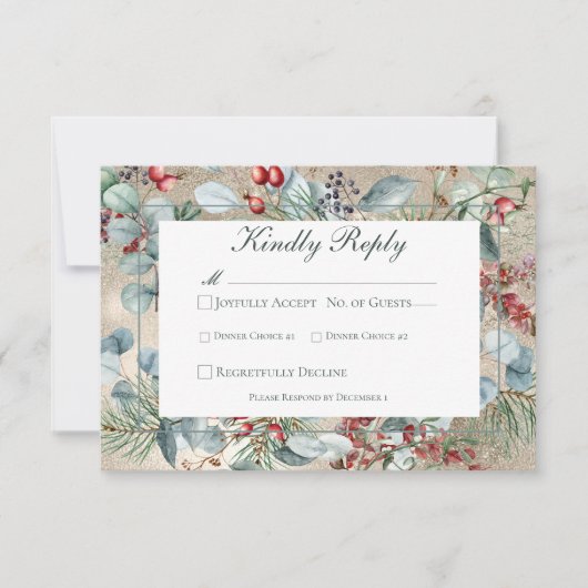 Winter Kerstmis groen gouden bruiloft RSVP Kaartje (Voorkant)