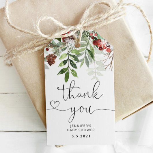 Winter Kerstmis groenblijvende babyshower bedankt Cadeaulabel