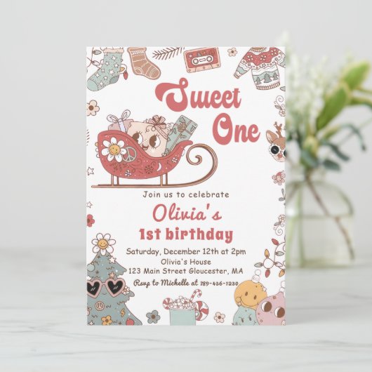 Winter Kerstmis Groovy Sweet One 1e Verjaardag Kaart (Staand voorkant)