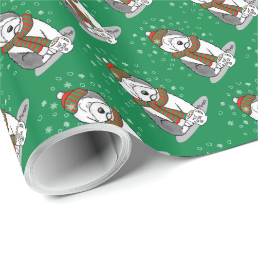 Winter Kerstmis Oud Engels Sheepdog Grey 1 Cute Cadeaupapier (Rol Hoek)