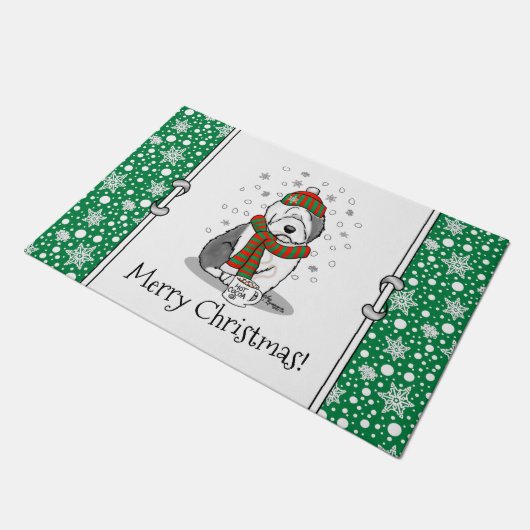 Winter Kerstmis Oud Engels Sheepdog Grey 1 Cute Deurmat (Schuin)