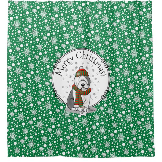 Winter Kerstmis Oud Engels Sheepdog Grey 1 Cute Douchegordijn (Voorkant)