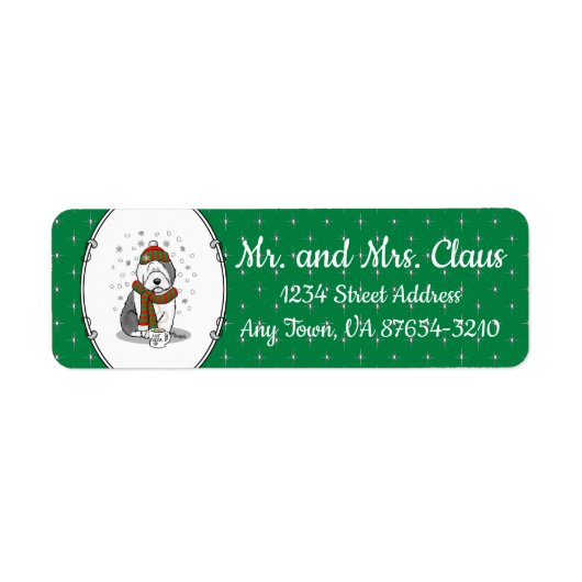 Winter Kerstmis Oud Engels Sheepdog Grey 1 Cute Etiket (Voorkant)