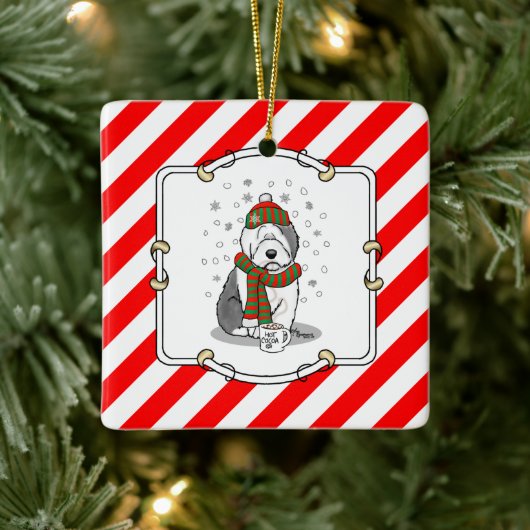 Winter Kerstmis Oud Engels Sheepdog Grey 1 Cute Keramisch Ornament (Boom)