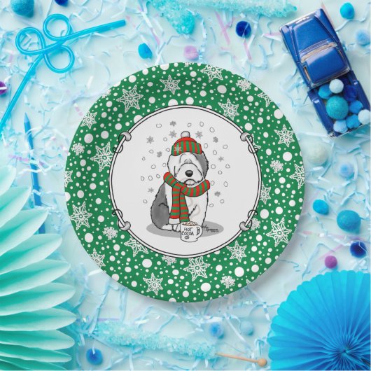 Winter Kerstmis Oud Engels Sheepdog Grey 1 Cute Papieren Bordje (Feest)