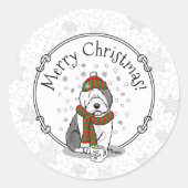 Winter Kerstmis Oud Engels Sheepdog Grey 1 Cute Ronde Sticker (Voorkant)