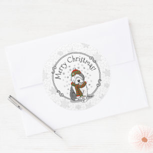 Winter Kerstmis Oud Engels Sheepdog Grey 1 Cute Ronde Sticker