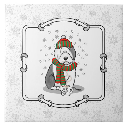 Winter Kerstmis Oud Engels Sheepdog Grey 1 Cute Tegeltje (Voorkant)